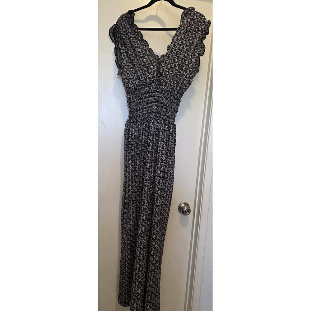 NWT Max Studio Jumpsuit Womens Black Daisy Floral Smocked Wide Leg Sleeveless Md